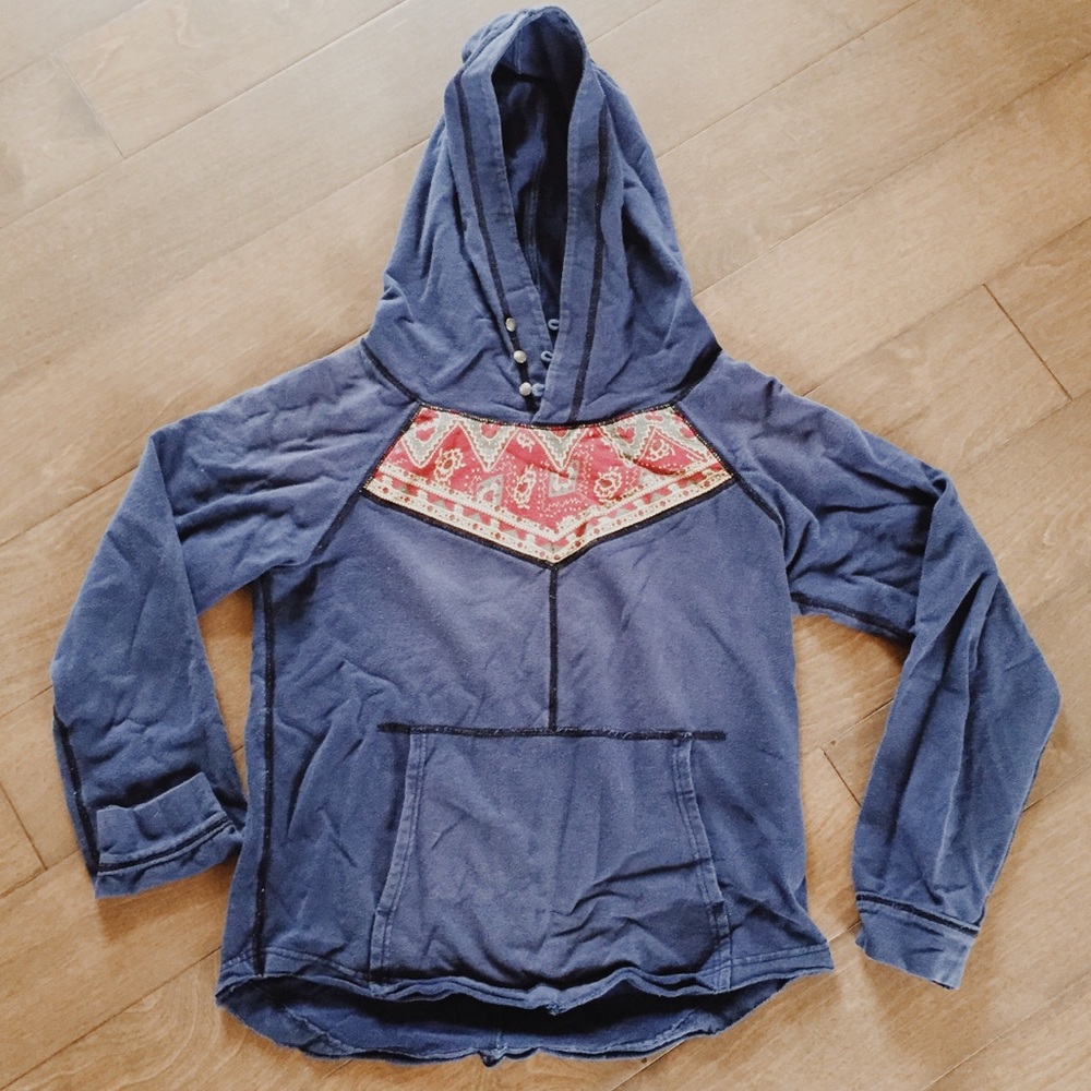 Free People Navy Hoodie with Red Paisley Detail